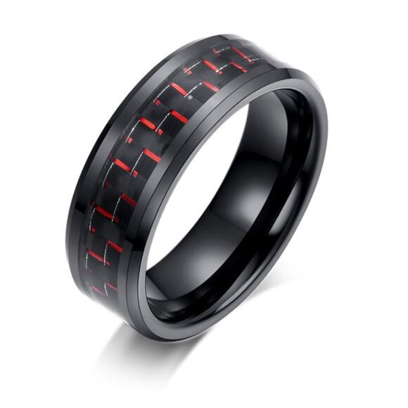 Men's Wedding Band Ring - 8mm Black and Red Carbon Fiber - Wedding Rings - Picture 2 of 5